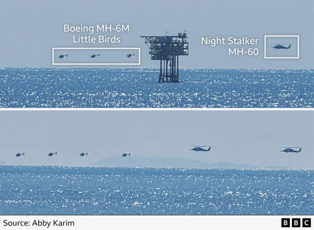 Two images show helicopters flying low over the sea. The top image has identified the smaller helicopters as Boeing MH-6Ms, the larger helicopter is identified as an MH-60.