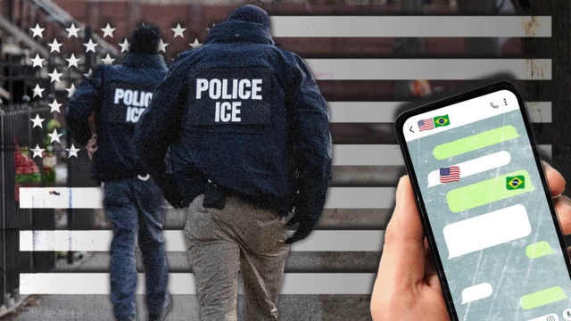 Montagem mostra agentes do ice e um celular com chat aberto no whatsapp