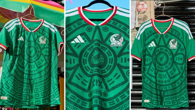 Three images of 2026 Mexico home shirt.