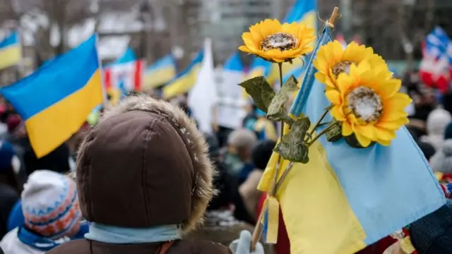 યુક્રેનના ધ્વજ અને સુરજમુખી સાથે રશિયાના હુમલાનો વિરોધ અનેક દેશોમાં થયો છે.