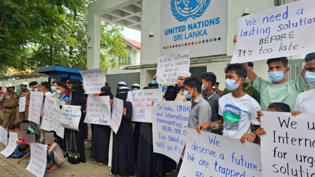 A group of Rohingya refugees protesting in front of the United Nations headquarters in Sri Lanka