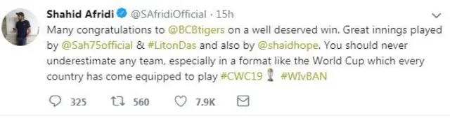 শহীদ আফ্রিদির টুইট, বাংলাদেশ, ক্রিকেট, বিশ্বকাপ,