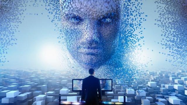 AI face with man standing by computers