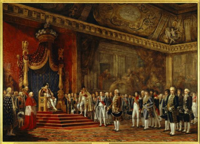 1809年的拿破仑画像，现藏于凡尔赛宫。法国皇帝拿破仑坐在椅子上，其他人则站着。