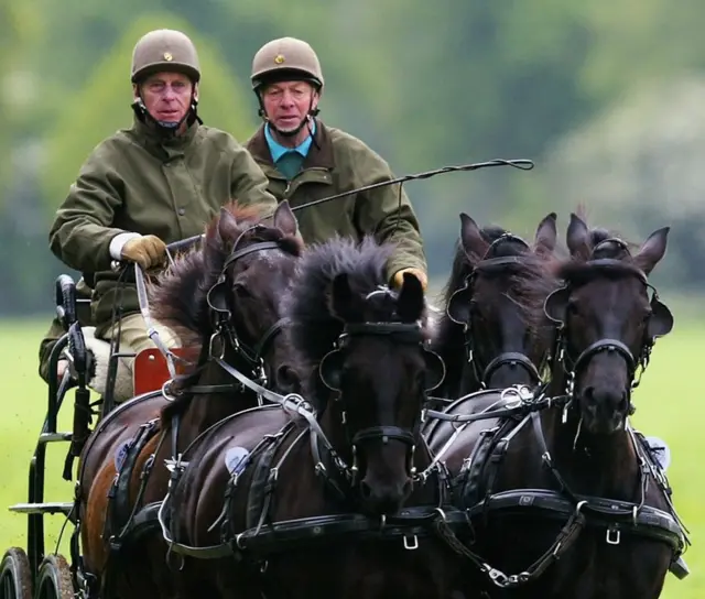 The Duke of Edinburgh competes in the Driving Grand Prix Competition B - The Marathon event during the Royal Windsor Horse Show at Home Park, Windsor Castle on May 14, 2005