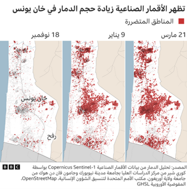غرافيكس لصور أقمار صناعية تظهر زيادة حجم الدمار في خان يونس