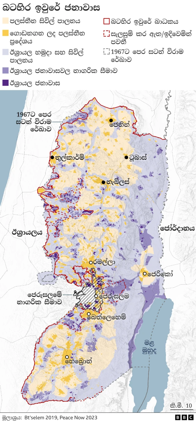 Map showing which areas of the West Bank are controlled by Israel and the Palestinian Authority