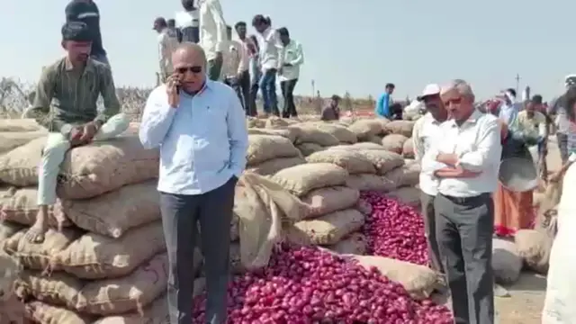 મહુવા એપીએમસીના ચૅરમૅન ઘનશ્યામભાઈ પટેલ નાફેડ દ્વારા ડુંગળીની ખરીદારી થઈ રહી છે તેની સમિક્ષા કરતા નજરે પડે છે