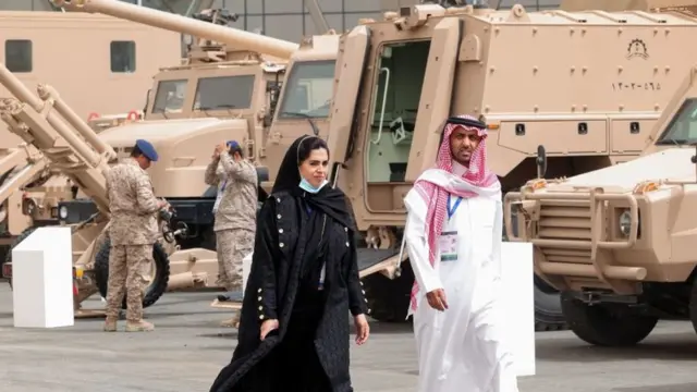 Visitors attend Saudi Arabias first World Defense Show, north of the capital Riyadh, on March 6, 2022. (Photo by Fayez Nureldine / AFP) (Photo by FAYEZ NURELDINE/AFP via Getty Images)