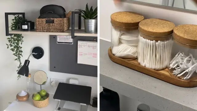 Złożone zdjęcie przedstawiające półki z szklanymi słoikami wypełnionymi patyczkami kosmetycznymi i płatkami do demakijażu.