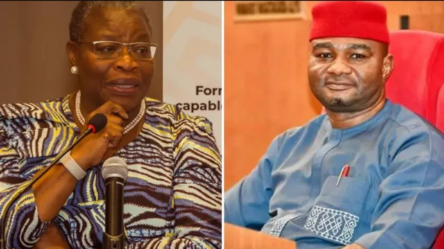 Aworan Sẹnẹtọ Onyekachi Nwebonyi ati minisita eto ẹkọ telẹri ni Naijiria, Oby Ezekwesili