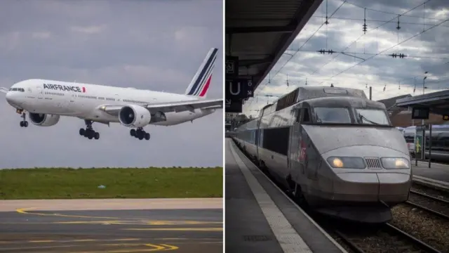 Duas imagens lado a lado: uma mostrando um Boeing 777 da Air France, e a outra um trem TGV365 jogo de apostaalta velocidade