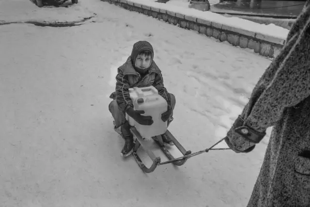 طفل صغير يُسحَب على مزلجة في فصل الشتاء.