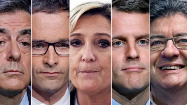 Франсуа Фійон, Бенуа Амон, Марін Ле Пен, Еммануель Макрон, Жан-Люк Меланшон