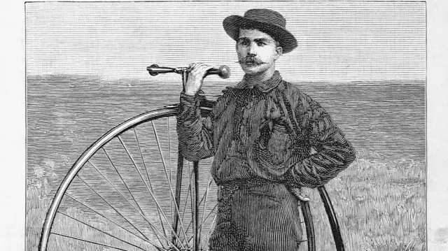 Thomas Stevens'ın dünya seyahati iki yıl sekiz ay sürdü. Çizimde Stevens, bisikletiyle görülüyor.