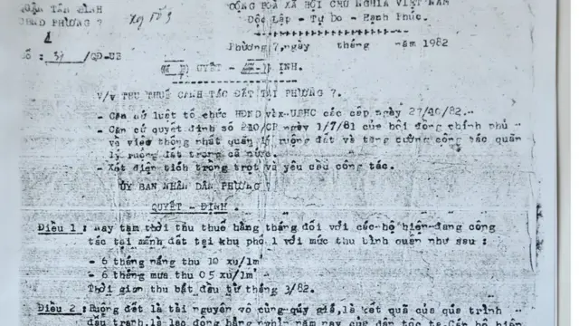 Quyết định thu thuế canh tác đất năm 1982 - một bằng chứng người dân cho rằng chính quyền cách mạng từ lâu đã thừa nhận quá trình sử dụng đất của người dân.