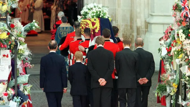 Prince Charles, Prince Harry, Earl Spencer, Prince William and the Duke of Edinburgh (L to R) follow the coffin of Diana, Princess of Wales, as it is being carried into Westminster Abbey for a funeral service 06 September.
