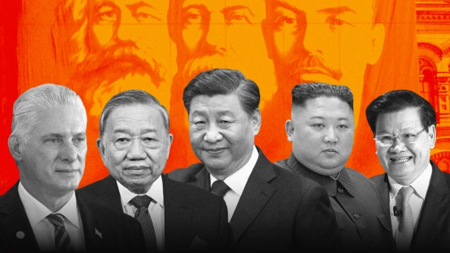  lãnh đạo Cuba, Việt Nam, Trung Quốc, Triều Tiên và Lào trước phông nền Karl Marx - Lenin