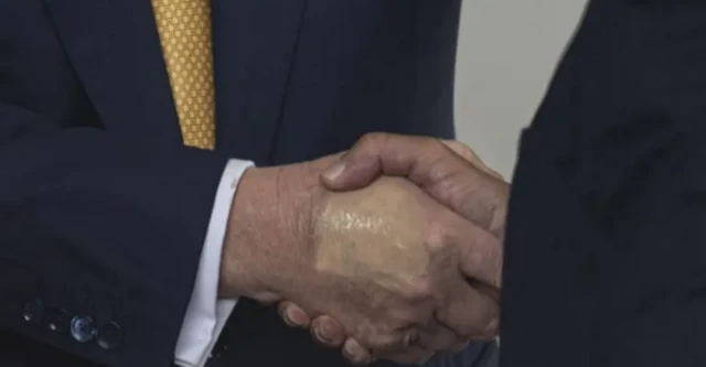 Дві людини тиснуть руки. На одній руці видно синці 