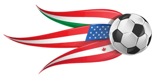 رسم توضيحي أفقي متجه لكأس العالم 2026، يضم أعلام كندا والمكسيك والولايات المتحدة الأمريكية مدمجة مع كرة قدم.