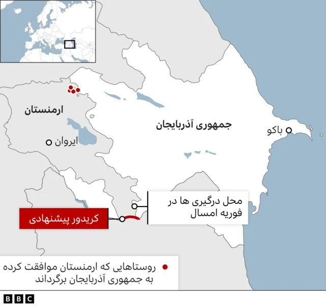 نقشه ارمنستان و جمهوری آذربایجان و روستاهایی که قرار است برگردند 
