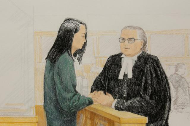2018年12月10日，孟晚舟出席加拿大温哥华保释听证会的法庭画像。