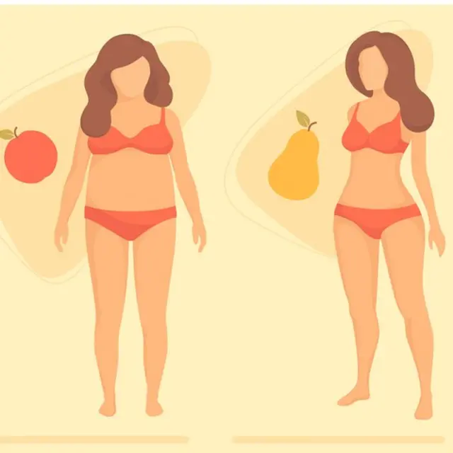Ilustración de mujer con figura de manzana (der.) y figura de pera