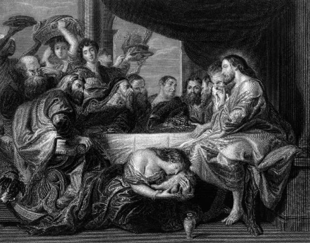 Una pintura con María Magdalena besando el pie de Jesús