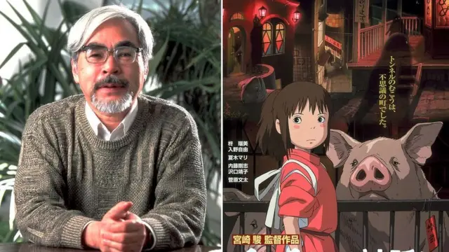 Combo picture shows a recent file photo of Japanese animation film director Hayao Miyazaki (L) and a poster from the movie 'Sen to Chihiro no Kamikakushi' ('Abducted by Spirits'), 2001.