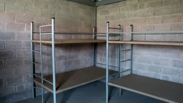 Bunk beds inside a newly built refugee accommodation