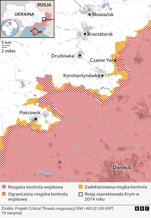 Mapa pokazuje podział obwodu donieckiego na Ukrainie