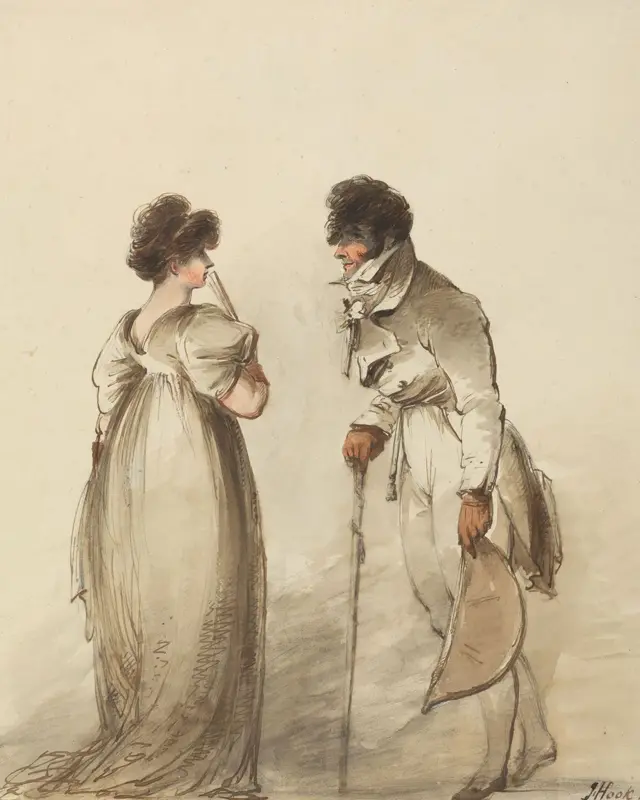 Desenho de homem e mulher se olhando com roupas antigas, ela segurando um leque