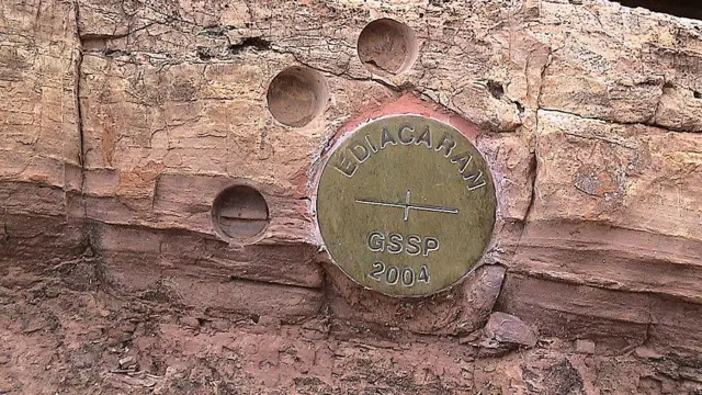 Медная шляпка гвоздя, вбитого в скалу