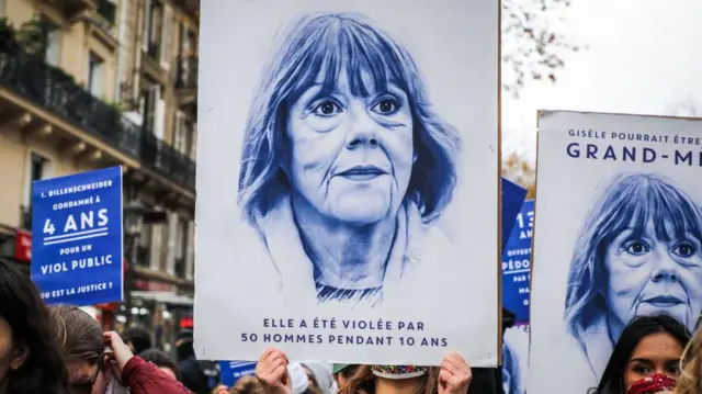 Protesta feminista en Francia, donde algunas mujeres portan pancartas con la imagen de Gisèle Pelicot.