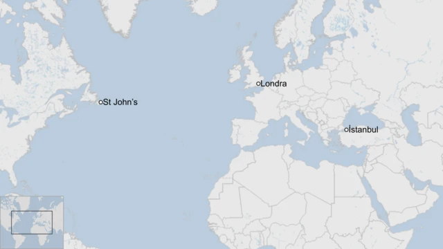 İstanbul, Londra ve St John's'u gösteren bir harita