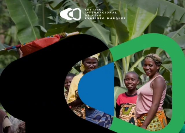Un anuncio publicitario del Festival Internacional de Cine Evaristo Márquez, FICEM, con el logotipo superimpuesto sobre una foto de palenqueras y palenqueros sonrientes frente a una densa vegetación