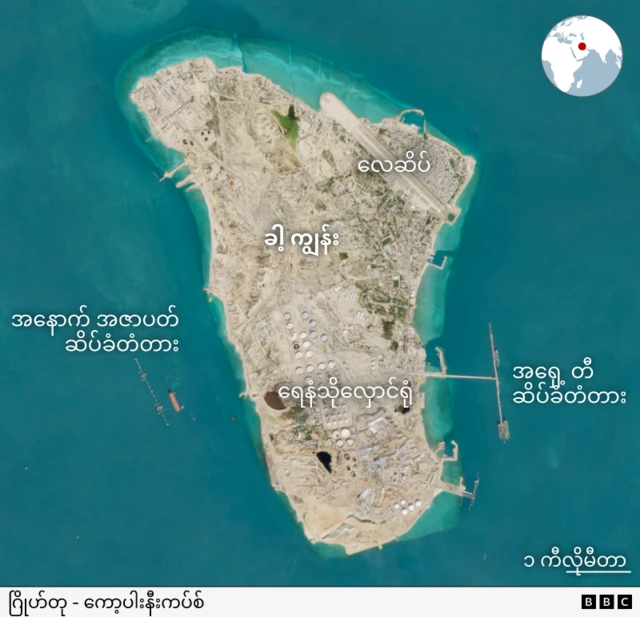 ခါ့ကျွန်း၊ ဆိပ်ခံတံတားတွေနဲ့ ရေနံသိုလှောင်ရုံ စတဲ့ ကျွန်းပေါ်က တည်နေရာပြ မြေပုံ