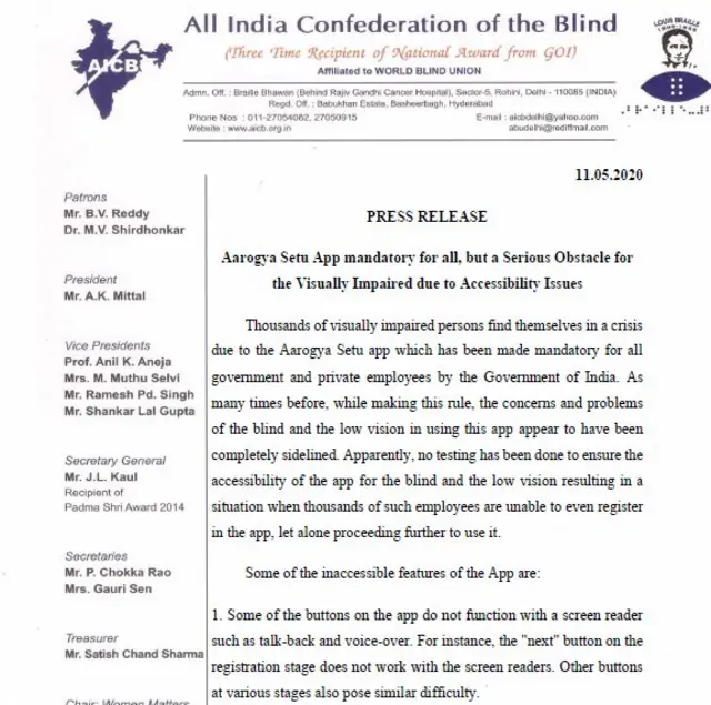 ऑल इंडिया कन्फ़ेडरेशन ऑफ़ द ब्लाइंड का पत्र