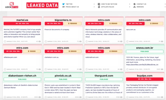 Скриншот са сајта групе Локбит на Дарк вебу