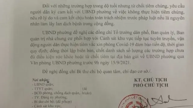Văn bản của UBND phường Hoàng Liệt, quận Hoàng Mai, Hà Nội yêu cầu người dân ký cam kết nếu từ chối tiêm chủng.