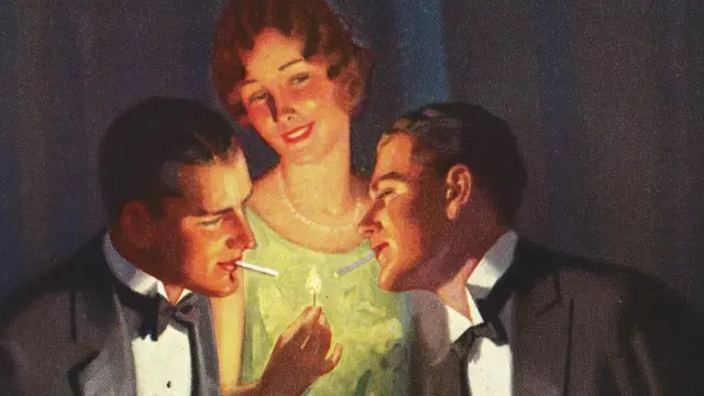 رسم تصويري لامرأة تشعل السيجائر لرجلين