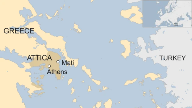 マティ（Mati）と首都アテネ（Athens）の位置