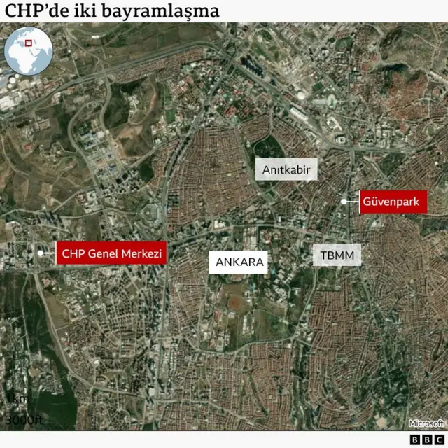 Ankara'da CHP Genel Merkezi, Güvenpark, Anıtkabir ve TBMM'yi gösteren harita.