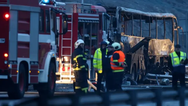 A view shows the site where a bus with North Macedonian plates caught fire on a highway, near the village of Bosnek, Bulgaria, November 23, 2021.