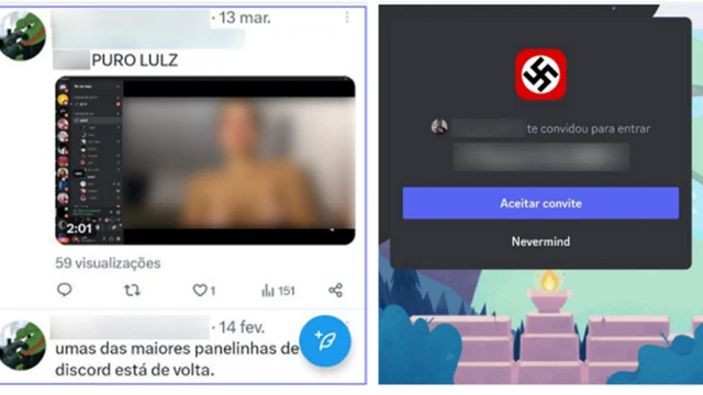  à esquerda, vídeo de estupro virtual realizado no Discord sendo compartilhado no X;  ;à direita, imagem de servidor de um grupo interessado em realizar ataques a escolas