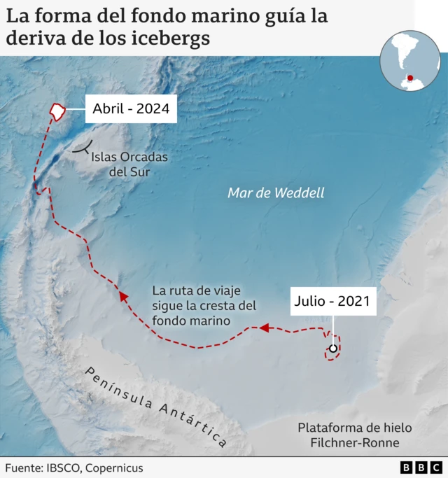 Trayectoria del A23a desde 2021 hasta hoy