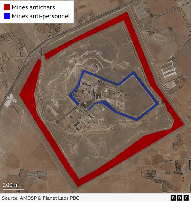 Un graphique de la BBC montrant l'emplacement des mines autour de la prison