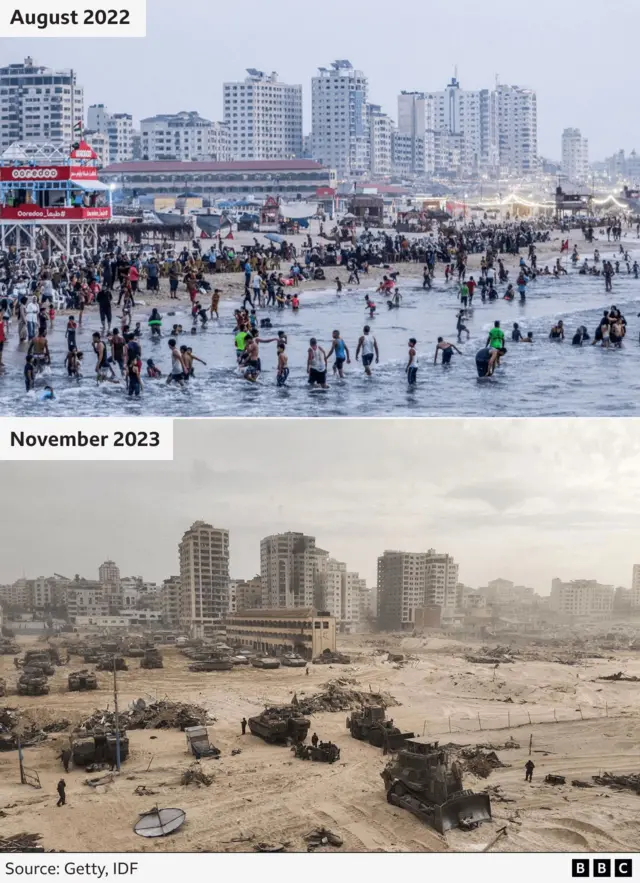 Two pictures show Gaza City beach bifor and afta di Israeli military invasion.