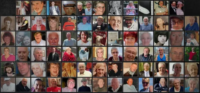 Uma grande colagem composta por dezenas de retratos individuais organizados em forma de grade. As imagens mostram homens e mulheres de diferentes idades, em sua maioria idosos, cada um enquadrado separadamente contra fundos variados