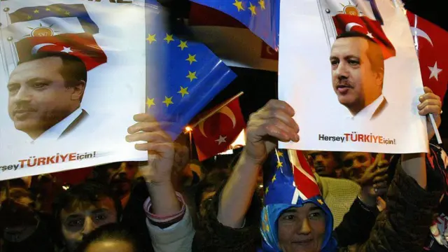 18 Aralık 2004'te İstanbul'daki Atatürk Havalimanı'nda, AB ve Türkiye bayraklarıyla dönemin Başbakanı Recep Tayyip Erdoğan'ı bekleyen AKP destekçileri. 17 Aralık'taki Brüksel Zirvesi'nde, Türkiye'nin siyasi kriterleri yeteri ölçüde karşıladığı belirtilerek müzakerelere başlanması kararı alınmıştı.